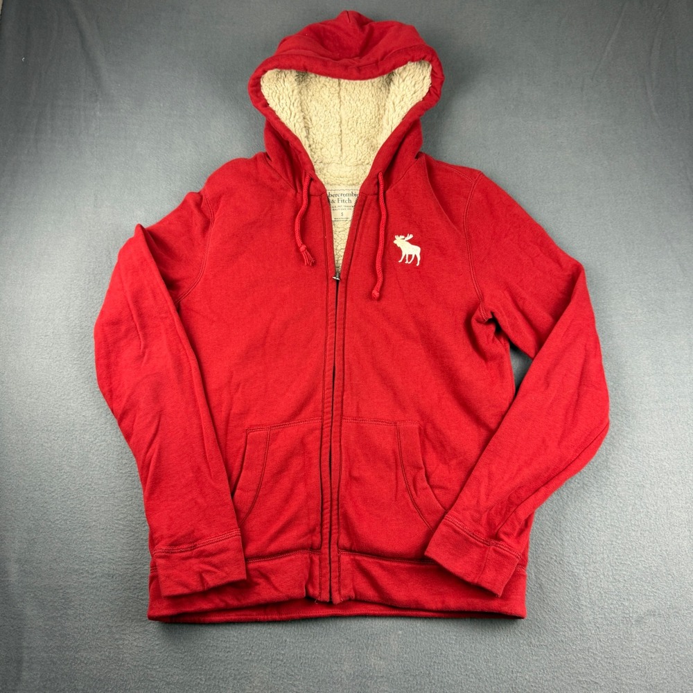 Abercrombie Fitch Hoodie Mens S Red Sherpa Lined Full Zip Moose Logo Jacket Y2K